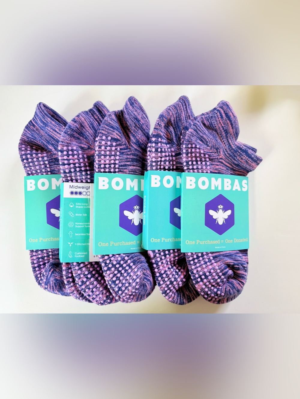 Bombas Women’s Purple No Show Grip Socks Yoga Pilates Size M 5-Pack